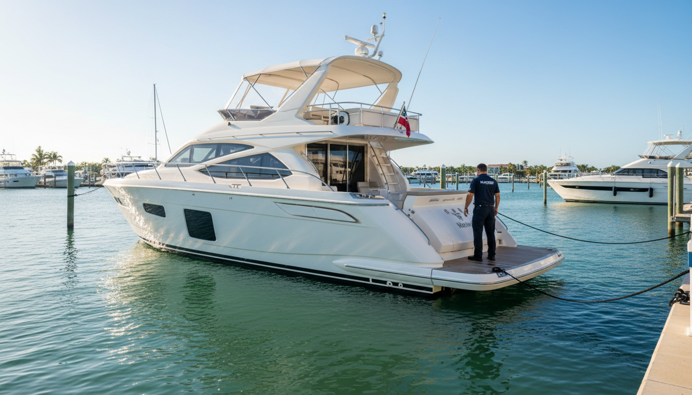 Sleek, modern motor yacht being serviced by a professional Blue Bird Marine technician